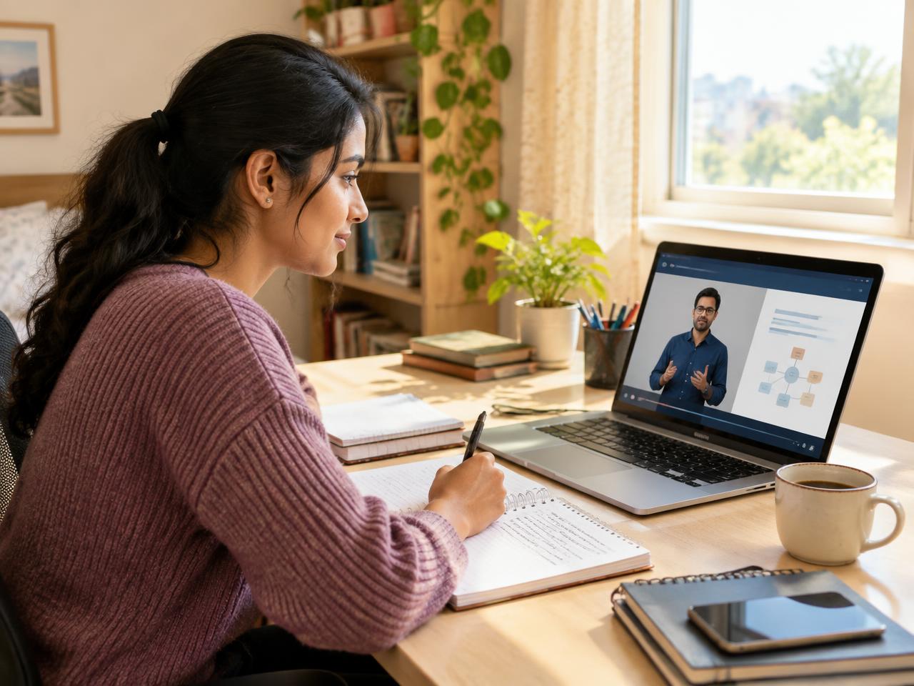 A learner following an online professional course at home