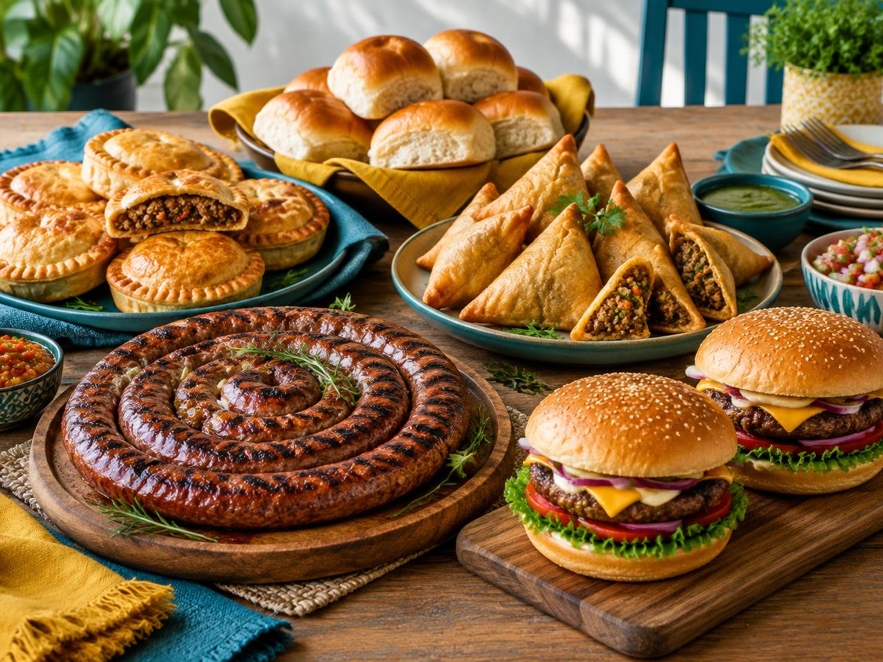 African boerewors and a platter of rolls, samosas, pies and burgers