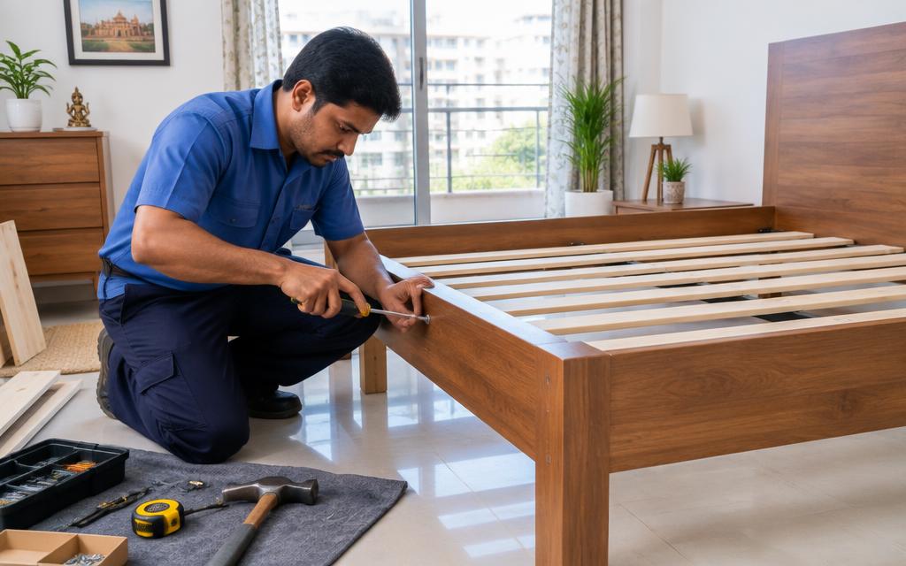 Home service technician assembling a bed