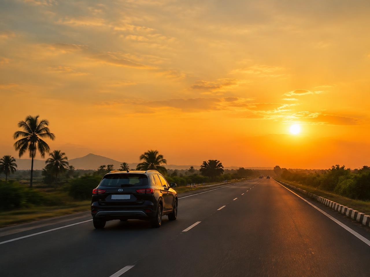 A car driving on an open highway at sunset