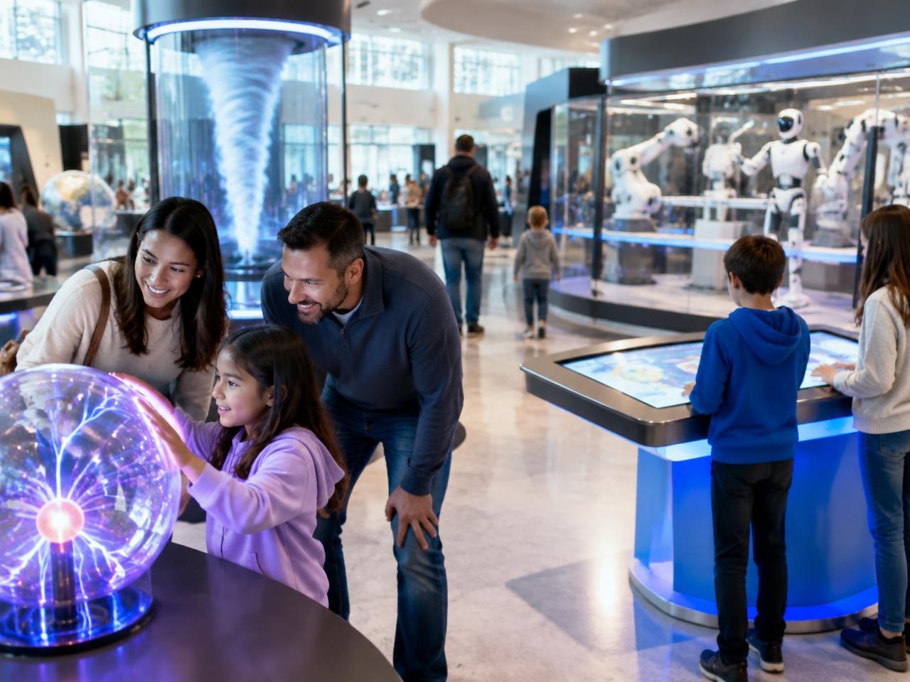Families exploring interactive science exhibits